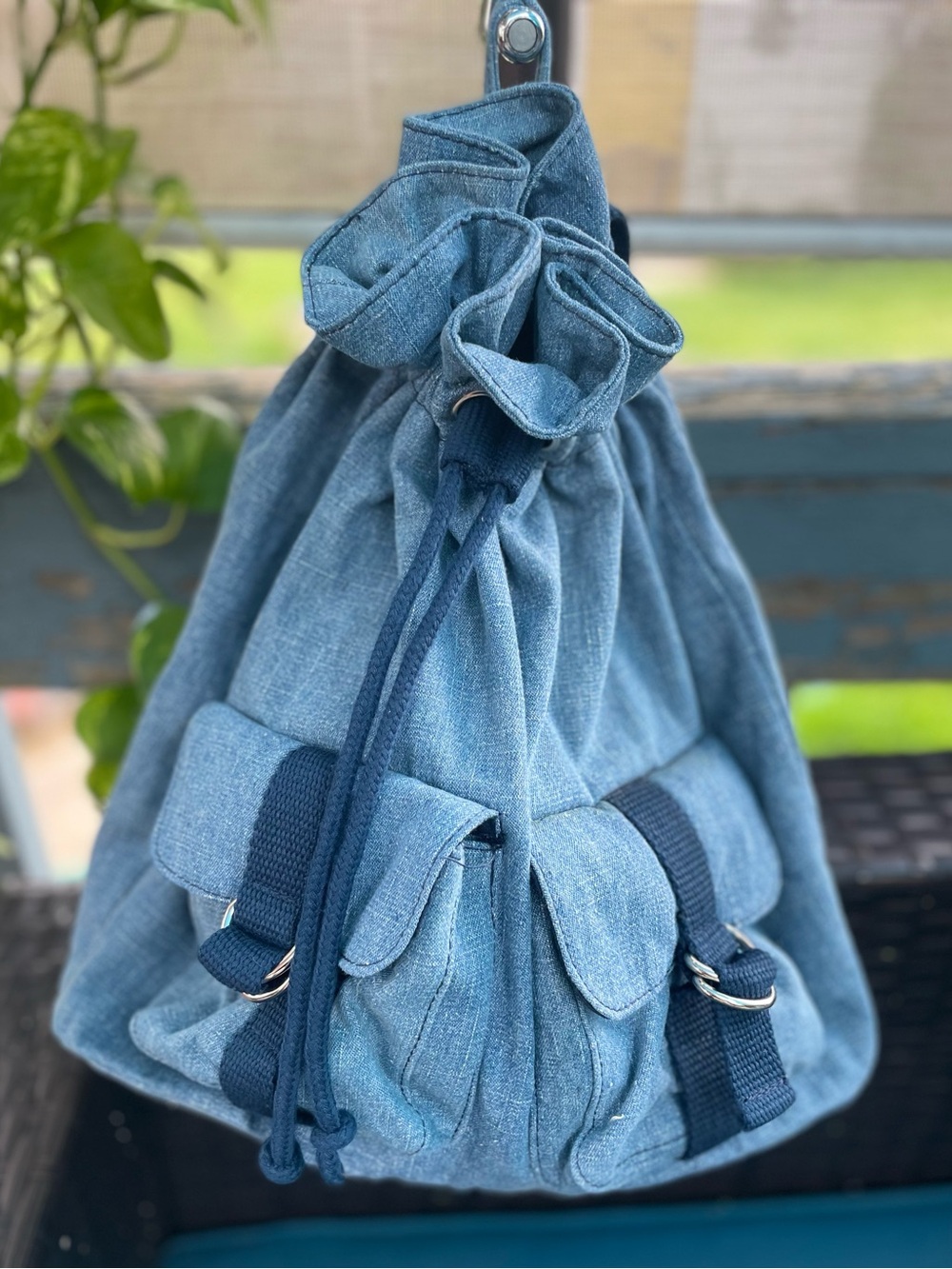 Denim Cinch Multi-Pocket Adjustable Backpack